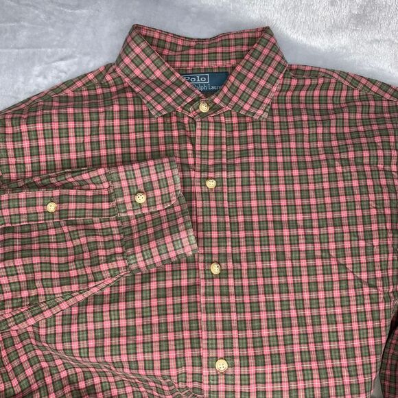 Ralph Lauren Polo Shirt Mens Large Pink Green Plaid Black Watch Cotton Button Up - Picture 1 of 7
